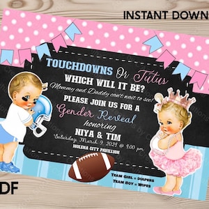 Touchdowns of tutu's Gender Reveal, babyshower, afdrukbaar, aanpasbare cartoon baby, voor hem en haar, AANPASBAAR