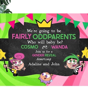 Personalisierbare, druckbare, fair Odparents Gender Reveal Einladungskarte, für Sie und Ihn Babyparty CUSTOMIZEABLE, Kinderkarikatur