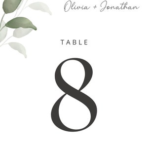 Könnte beinhalten: Weiße Hochzeitstafelnummerkarte mit grünen Aquarellblättern. Die Karte zeigt "Tisch 8" und "Uniting Olivia + Jonathan" sowie "11.09.2024".