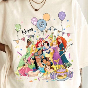 Custom Name Age Disney Princess Birthday T-Shirt, Custom Tiana Ariel Elsa Rapunzel Belle Birthday Present Gift, Disneyland Family Trip