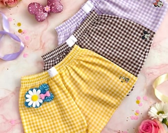 Disney Embroidered Mickey And Friends Summer Gingham Women Shorts , Embroidery Disneyworld Vacay, WDW Disneyland Summer Shorts