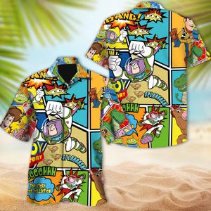 May include: A colorful Hawaiian shirt with a cartoon comic book design featuring characters from the Toy Story franchise. The shirt has a blue, yellow, red, green, and white background with images of Woody, Buzz Lightyear, Rex, and other characters. The shirt has the text "Toy Story" and "Jos Collection" printed on it.
