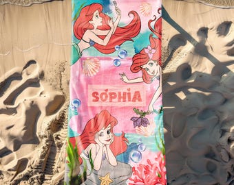 Custom  Princess Ariel Summer Beach Towel, Custom Name Princess Little Mermaid Towel, Birthday Girl Summer Vacation Gift, Bath Pool