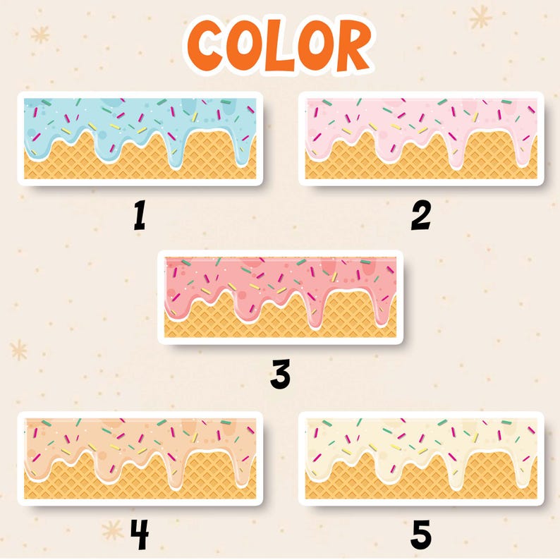 May include: Five different colored waffle cookie stickers with colorful sprinkles and dripping icing. The stickers are numbered 1 through 5.