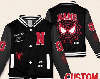 Custom Spiderman Lover Varsity Jacket, Kids Varsity Jacket, Spiderman Baseball Jacket, Birthday Boy Gift, Spidey Shirt