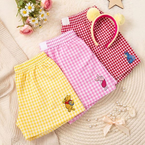 Embroidered Mickey And Friends Gingham Women Shorts , Embroidery world Vacay, land WDW land Summer Shorts