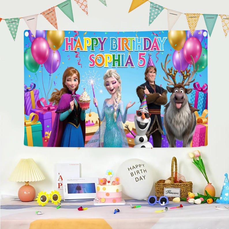 May include: A colorful birthday banner featuring characters from the movie Frozen, with the text "HAPPY BIRTHDAY SOPHIA 5". The banner includes balloons, gifts, and a festive design, perfect for a child's birthday party.