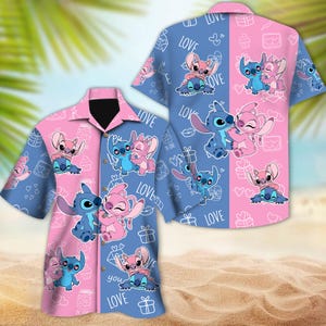 Disney Stitch And Angel Hawaiian, Śliczna para z guzikami, Koszula hawajska Lilo Stitch, Prezent dla pary, Koszula z nadrukiem 3D z kreskówek