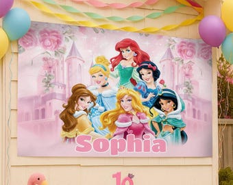 Custom Princess Birthday Banner Backdrop,  Princess Backdrop, Birthday Banner, Princess Party Backdrop, Princess Party Decor