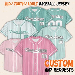 May include: Baseball jerseys in shades of pink and teal, with white pinstripes. Each jersey displays "Team Name" and the number "00". The image includes the text "KID/YOUTH/ADULT BASEBALL JERSEY" and "CUSTOM ANY REQUESTS".