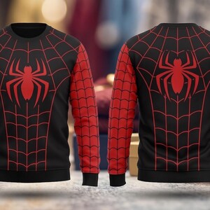 Conjunto navideño de cosplay de Spider-Man: camiseta y pantalones deportivos, atuendo de fiesta de superhéroes con estampado de telaraña en negro y rojo. imagen 4