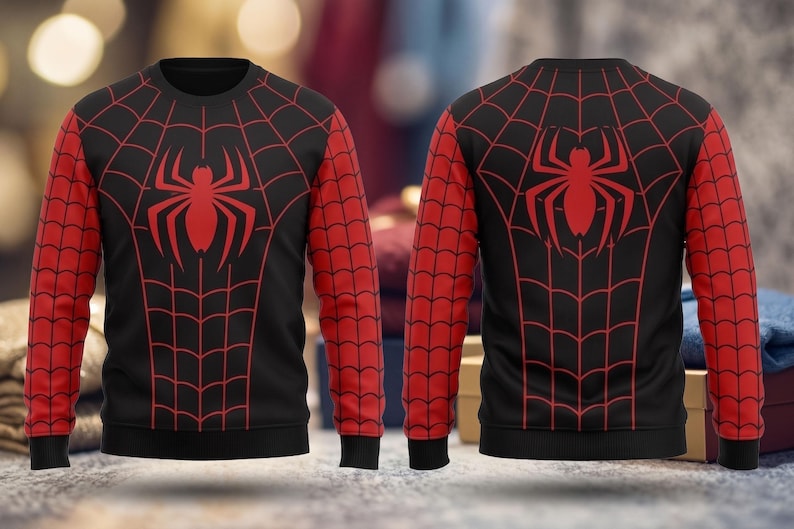 Conjunto navideño de cosplay de Spider-Man: camiseta y pantalones deportivos, atuendo de fiesta de superhéroes con estampado de telaraña en negro y rojo. imagen 4