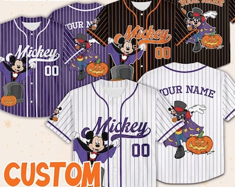 Camiseta de béisbol personalizada de la colección Halloween Purple de Mickey Mouse de Disney, camiseta de equipo de béisbol personalizada, regalo de cumpleaños para fanáticos de Halloween y fiestas familiares.