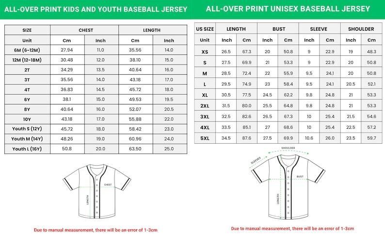 the size and measurements of a youth baseball jersey