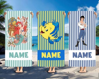 Custom Little Mermaid Characters Beach Towels, Princess Mermaid Beach Towels, Magic Kingdom Beach Towel, Cartoon Movie Beach Towel