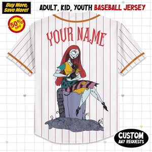 May include: White baseball jersey with red pinstripes, featuring a colorful graphic of a character holding a black cat. The jersey has brown trim and the text "YOUR NAME" across the chest. The jersey is available for adults, kids, and youth.