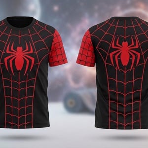 Conjunto navideño de cosplay de Spider-Man: camiseta y pantalones deportivos, atuendo de fiesta de superhéroes con estampado de telaraña en negro y rojo. imagen 5