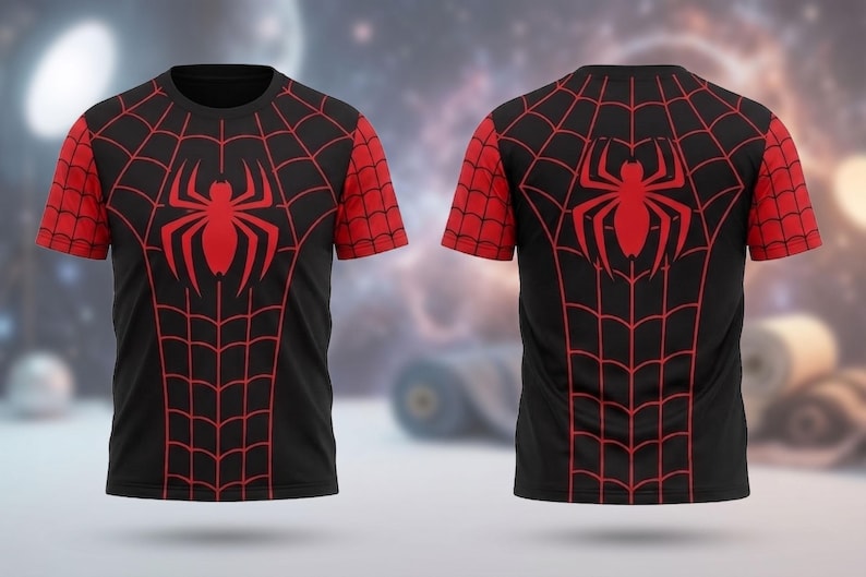 Conjunto navideño de cosplay de Spider-Man: camiseta y pantalones deportivos, atuendo de fiesta de superhéroes con estampado de telaraña en negro y rojo. imagen 5
