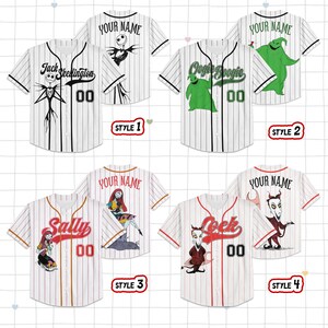 May include: Baseball jerseys with pinstripes, featuring characters and text from a movie. The jerseys are white with black, green, and red accents. Each jersey has a different character design and the option to add a name and number.