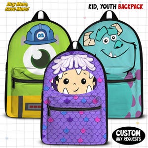 May include: Three backpacks featuring character designs. The left is lime green with a one-eyed monster in a blue hard hat. The center is purple with a scale pattern and a cartoon face. The right is light blue with a furry monster face.