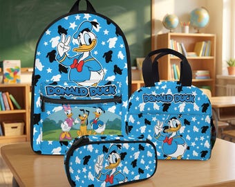 Custom Donald Duck Backpack, Personalized Cartoon Duck School Bag Set with Matching Lunch Tote and Pencil Case, Back to School Gift