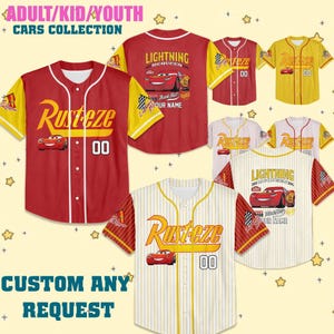 Camiseta de béisbol personalizada de Cars Rayo McQueen Rusteze, regalo de béisbol de Cars de Disney, camiseta del equipo de Cars, Cars de Disney personalizados a juego