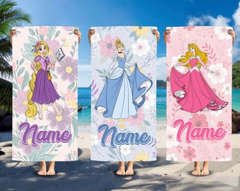 Custom Disney Princess Floral Beach Towel, Disney Princess Birthday Girl Towel Bath Pool Summer Beach Trip, WDW Disneyland Girl Trip Summer