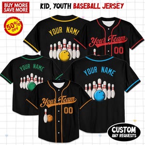 May include: Black baseball jerseys with bowling pin and ball designs. Each jersey features "Your Name" or "Your Team" text. The jerseys have coloured trim and are labelled "Kid, Youth Baseball Jersey". A 50% off sale is advertised.