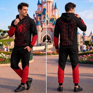 May include: A black and red hooded sweatshirt and matching sweatpants set featuring a spider web pattern on the chest, back, and lower legs, with a large red spider graphic on the front chest and black sneakers on the feet.