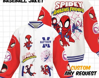 Custom Spidey And His Amazing Friends Varsity Jacket, Kids Varsity Jacket, Spiderman Baseball Jacket, Birthday Boy Gift, Spidey Shirt