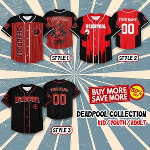 Camiseta de béisbol personalizada de la colección Deadpool, camiseta a juego del superhéroe Deadpool, camiseta de béisbol para niños, jóvenes y adultos, regalo de cumpleaños para la familia. imagen 2