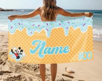 Personalized Disney Mickey Ice Cream Beach Towel, Custom Name Beach Towel, Towel for Kids Toddlers, Mickey Towel Gift, Summer Vacation Gifts
