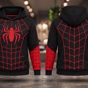 Conjunto navideño de cosplay de Spider-Man: camiseta y pantalones deportivos, atuendo de fiesta de superhéroes con estampado de telaraña en negro y rojo. imagen 3