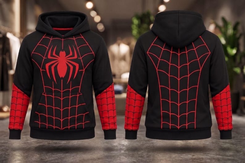 Conjunto navideño de cosplay de Spider-Man: camiseta y pantalones deportivos, atuendo de fiesta de superhéroes con estampado de telaraña en negro y rojo. imagen 3