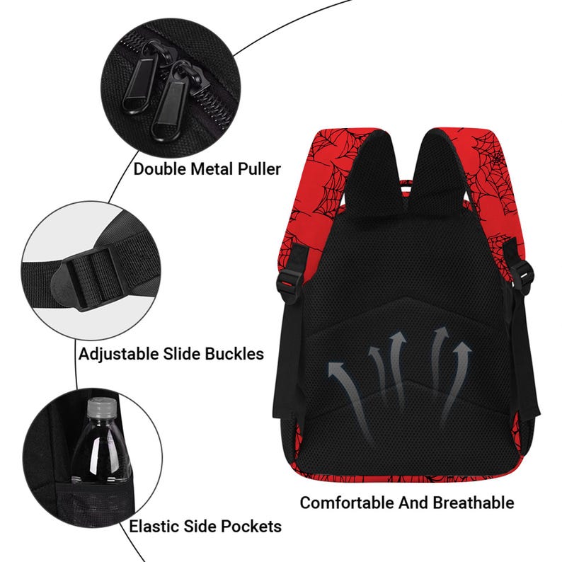 Puede incluir: Mochila roja y negra con un dise&ntilde;o de telara&ntilde;a. Cuenta con hebillas deslizantes ajustables, bolsillos laterales el&aacute;sticos y tiradores dobles de metal. El panel trasero es negro y tiene las palabras "Comfortable And Breathable".