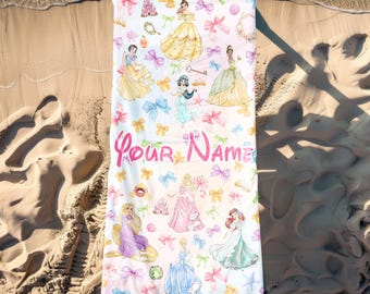 Custom  Princess Beach Towel, Custom Name Princesses Squad Towel, Birthday Girl Summer Vacation Gift, Bath Pool, Summer Vacation