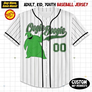 May include: White baseball jersey with black pinstripes, featuring a green Oogie Boogie graphic and the number 00. The jersey includes the text "ADULT, KID, YOUTH BASEBALL JERSEY". A "50% OFF" sticker is visible.