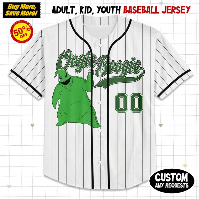 May include: White baseball jersey with black pinstripes, featuring a green Oogie Boogie graphic and the number 00. The jersey includes the text "ADULT, KID, YOUTH BASEBALL JERSEY". A "50% OFF" sticker is visible.