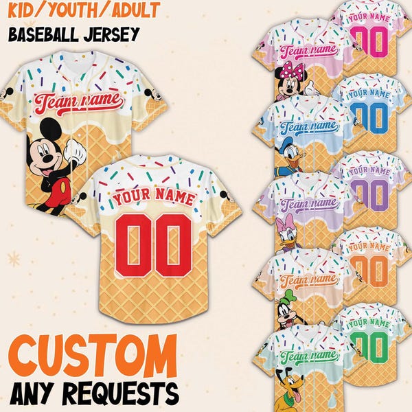 Custom Name & Number  Mickey and Friends Ice Cream Baseball Collection,  Drip Jersey, land Ice Cream Birthday Gift