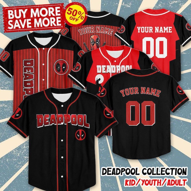 Camiseta de béisbol personalizada de la colección Deadpool, camiseta a juego del superhéroe Deadpool, camiseta de béisbol para niños, jóvenes y adultos, regalo de cumpleaños para la familia. imagen 1