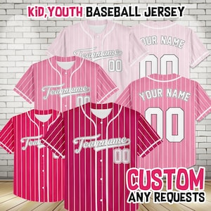 May include: Pink and white striped baseball jerseys with the text "Teamname" and "Your Name" on the back. The jerseys are button-down and have the text "Kid, Youth Baseball Jersey" at the top and "Custom Any Requests" at the bottom.