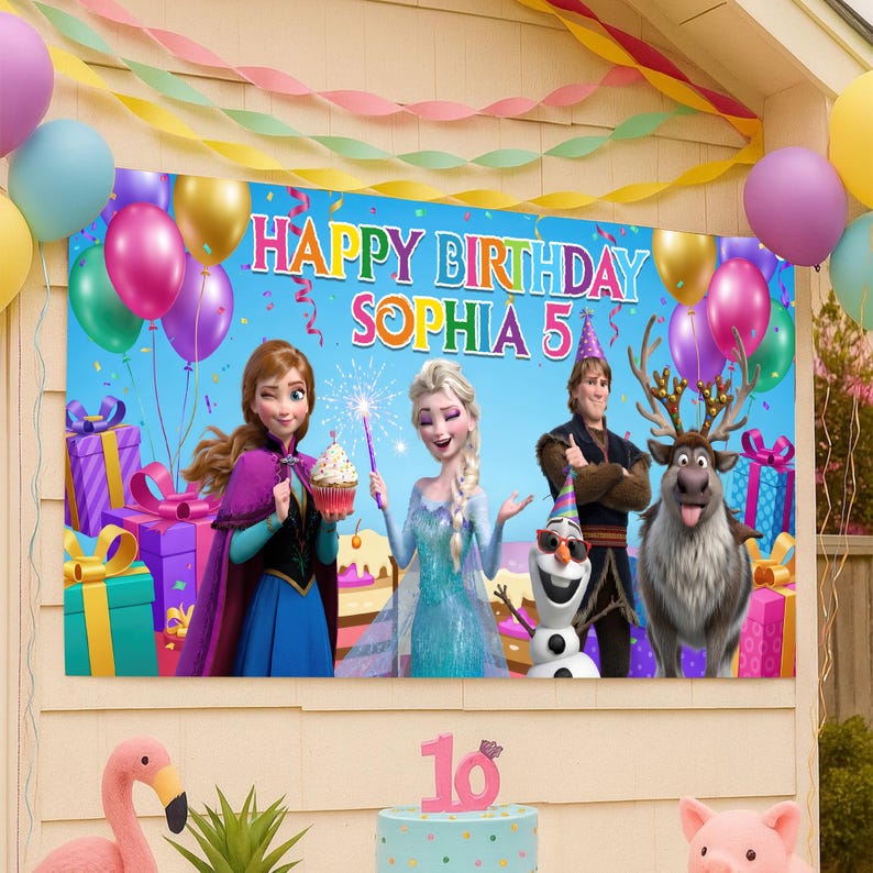 May include: A colorful birthday banner with the text "HAPPY BIRTHDAY SOPHIA 5" featuring characters from the movie Frozen. The banner is decorated with balloons and gift boxes. A flamingo and a cake with the number 16 are in the foreground.