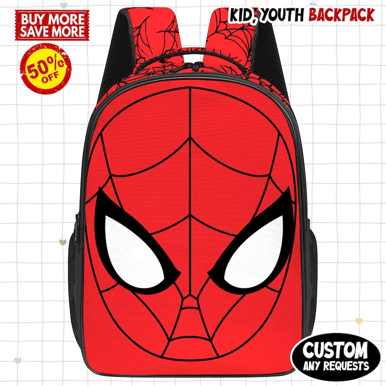 Puede incluir: Mochila roja y negra con dise&ntilde;o de Spider-Man. La mochila tiene un gran gr&aacute;fico de la cara de Spider-Man en la parte delantera, con ojos blancos y telara&ntilde;a negra. El texto "KID, YOUTH BACKPACK" est&aacute; en la parte superior. El texto "CUSTOM ANY REQUESTS" est&aacute; en la parte inferior.
