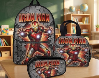 Custom Iron Man Backpack, Personalized Red Gold Superhero School Bag Set with Matching Lunch Tote and Pencil Case, Back to School Gift