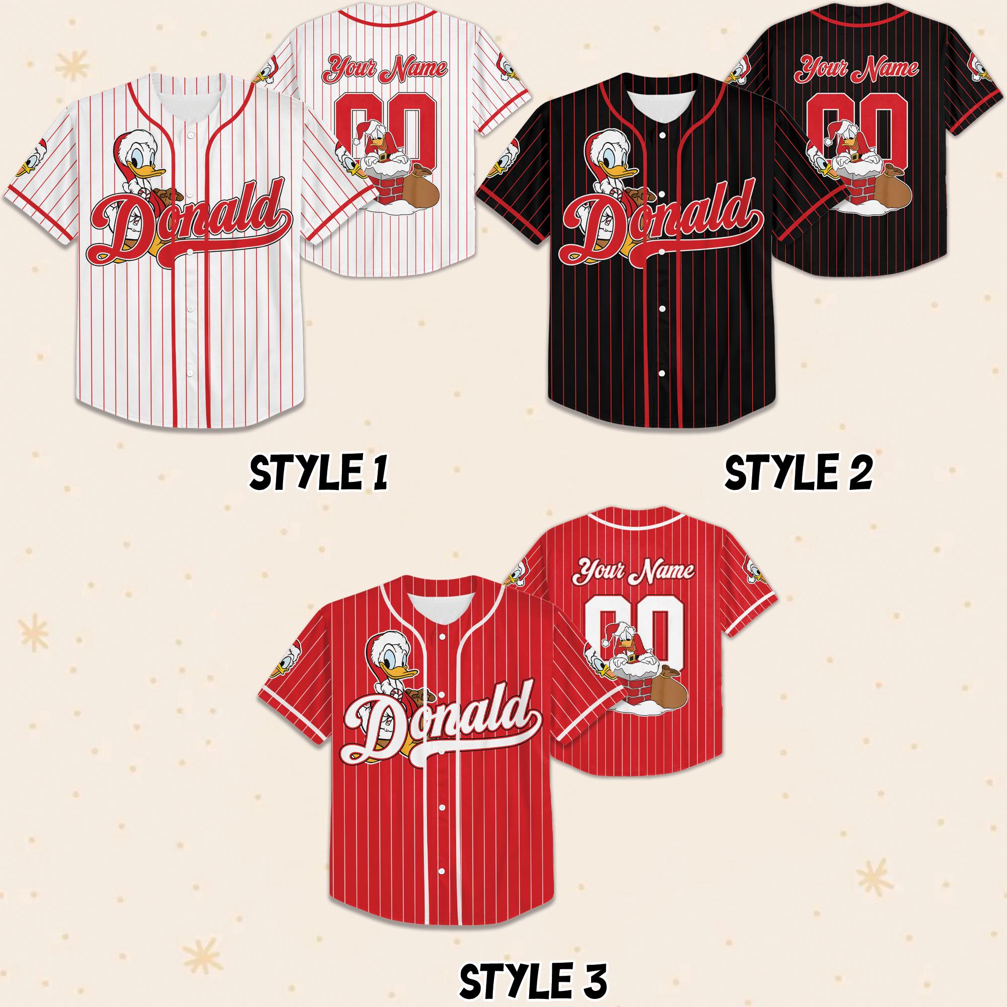 Discover Custom Disney Donald Duck Christmas Party Baseball Jersey, Personalized Baseball Team Jersey, Birthday Gift for Christmas Fans Family Party