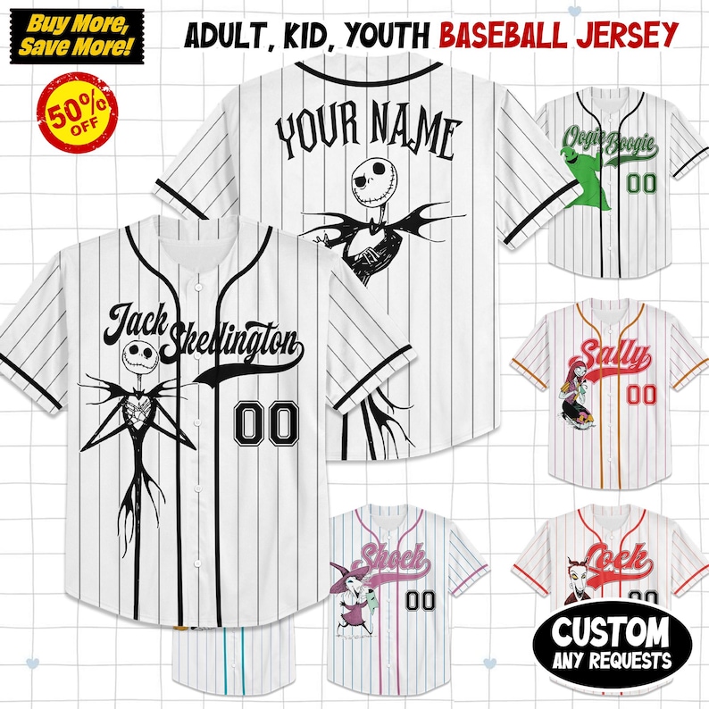 May include: White baseball jerseys with black pinstripes and character designs. The jerseys feature the text "Jack Skellington", "Your Name", "Oogie Boogie", "Sally", and "Lock". Each jersey has a number "00" on the front.