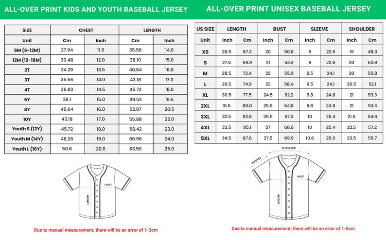 the size and measurements of a youth baseball jersey