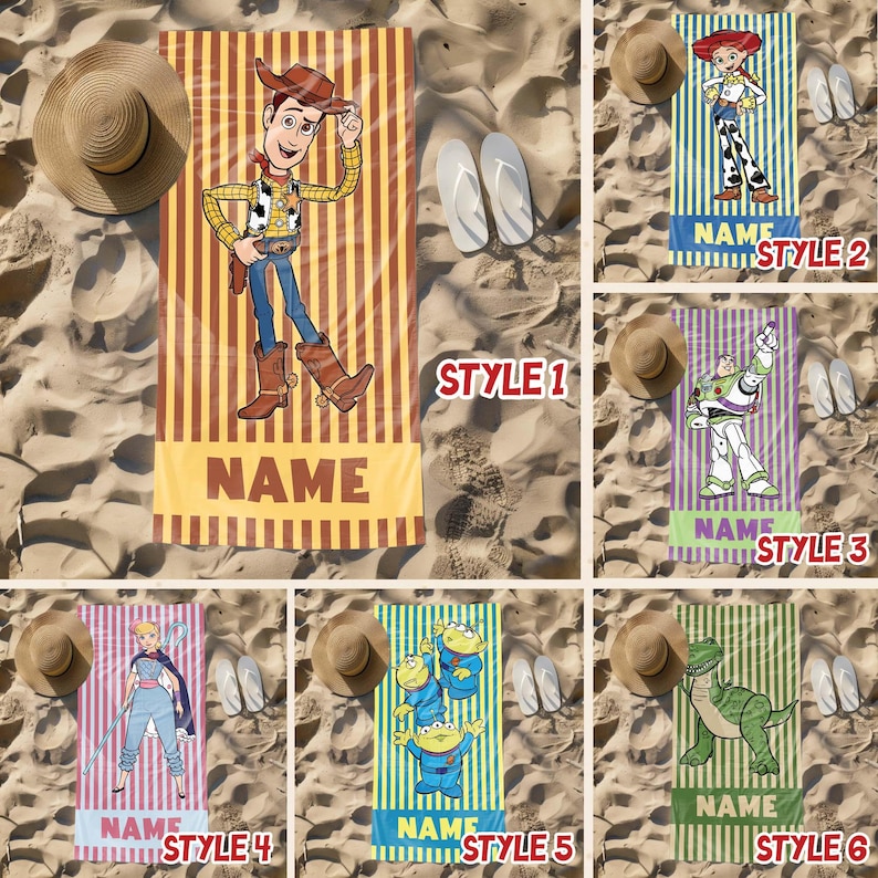 May include: Six different styles of beach towels featuring characters from the Toy Story movie franchise. The towels are striped in yellow and brown, with a character from the movie on each towel. The towels are personalized with the word "NAME" at the bottom.