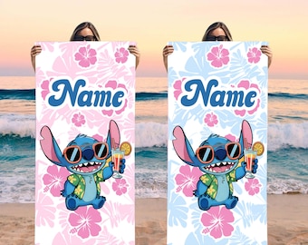 Custom Dney Summer Stitch Floral Beach Towel, Floral Family Bath Towel, Lilo And Stitch Picnic Towel, Movie Pool Towel For Adults