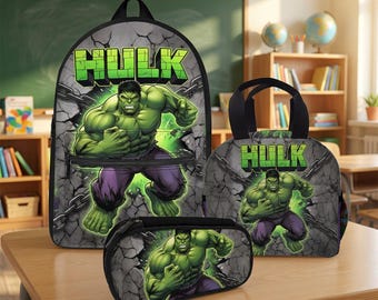 Custom Hulk Backpack, Personalized Green Superhero School Bag Set with Matching Lunch Tote and Pencil Case, Back to School Gift